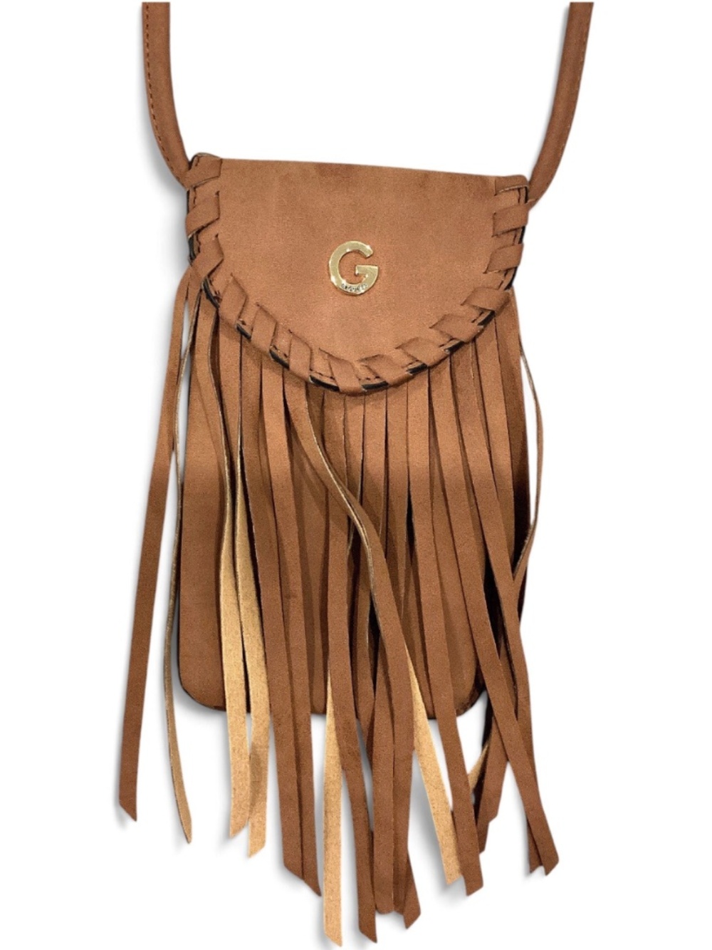 Boho Fringe Mini Crossbody Phone Bag Tan Suede G Emblem Western Festival